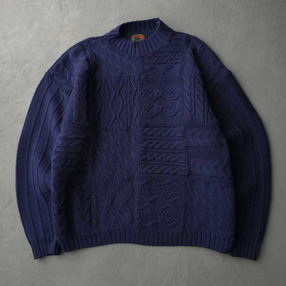 Vintage 90s Boston Traders Navy Blue Patchwork Cable Knit Wool Sweater XL